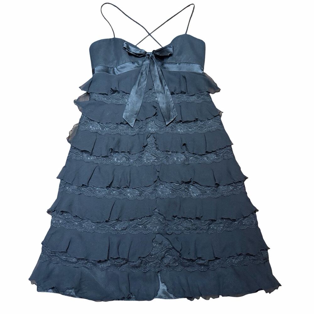 Vintage Laundry Shelli Segal Black Silk Ruffle Lace Dress Y2K Size 6 - Picture 5 of 6